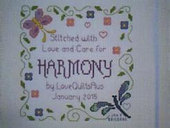 Cross stitch square for Harmony F's quilt