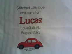 Cross stitch square for Lucas's quilt